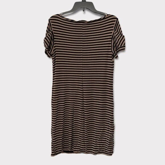 PREMISE Dresses Tan Nautical Stripe Shirt Dress Short Jersey Boat Neck Pockets L - Picture 2 of 8